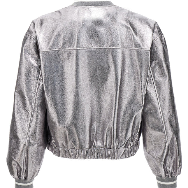 Brunello Cucinelli Silver Leather Bomber