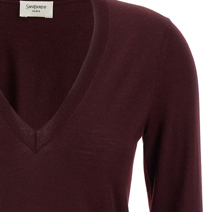 Saint Laurent Bordeaux Virgin Wool Cardigan