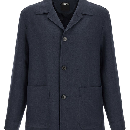 ZEGNA Blue Linen Full-Length Jacket