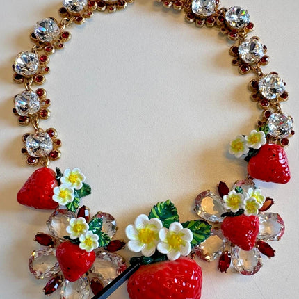 Dolce & Gabbana Gold Brass FRUIT Pendants Flowers Crystal Logo Necklace