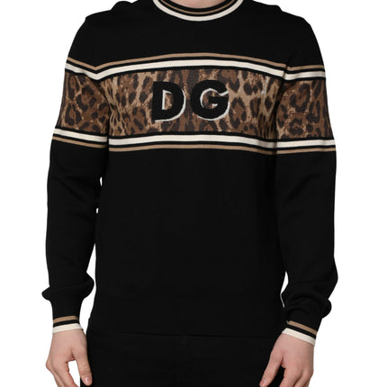 Dolce & Gabbana Black Leopard Wool Crew Neck Men Pullover Sweater