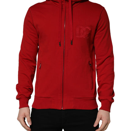 Dolce & Gabbana Red Embroidered Logo Hooded Full Zip Sweater