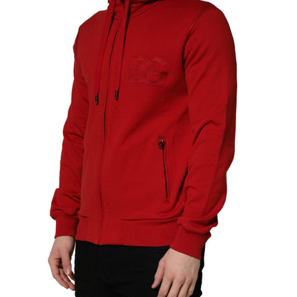 Dolce & Gabbana Red Embroidered Logo Hooded Full Zip Sweater