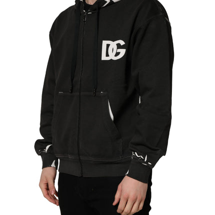 Dolce & Gabbana Black Cotton Logo Hooded Full Zip Sweater