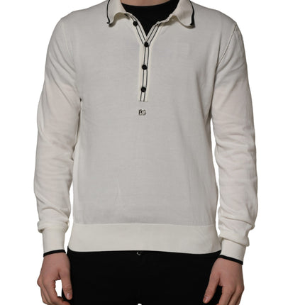 Dolce & Gabbana White Cotton Blend Men Polo Pullover Sweater