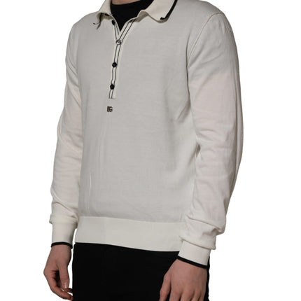 Dolce & Gabbana White Cotton Blend Men Polo Pullover Sweater