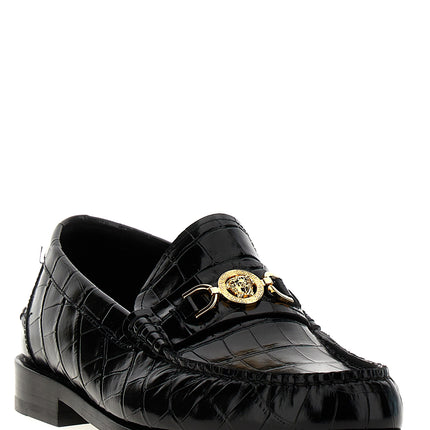 Versace Black Velvet Leather Slip-On Loafers