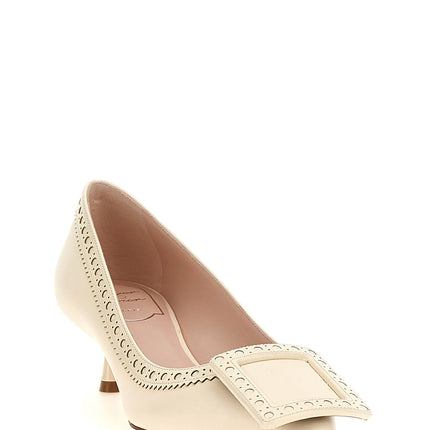 Roger Vivier White Lamb Leather Mid Heel Pumps