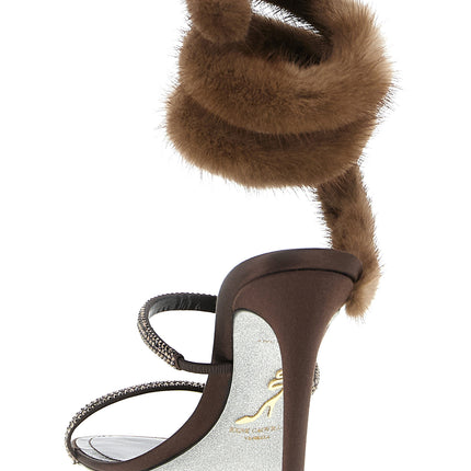 RENE CAOVILLA Brown Satin Stiletto Heel Sandals