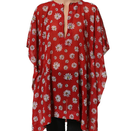 Dolce & Gabbana Red Floral V-neck Polyester Kaftan Blouse Top