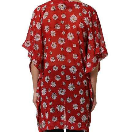 Dolce & Gabbana Red Floral V-neck Polyester Kaftan Blouse Top