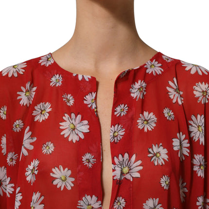 Dolce & Gabbana Red Floral V-neck Polyester Kaftan Blouse Top