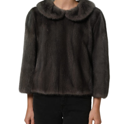 Dolce & Gabbana Dark Gray Mink Fur Round Collar Blouse Top
