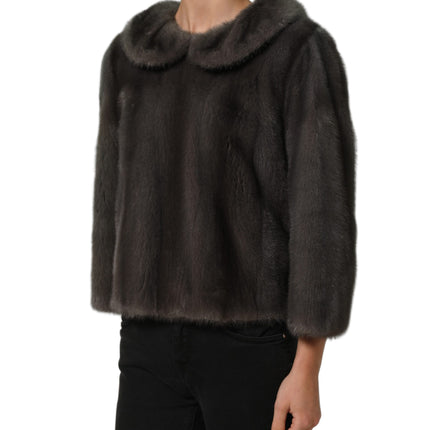 Dolce & Gabbana Dark Gray Mink Fur Round Collar Blouse Top