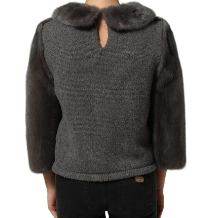 Dolce & Gabbana Dark Gray Mink Fur Round Collar Blouse Top
