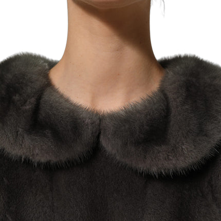 Dolce & Gabbana Dark Gray Mink Fur Round Collar Blouse Top