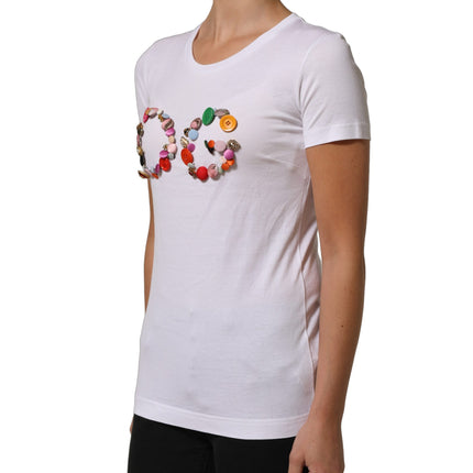 Dolce & Gabbana White DG Logo Embellished Round Neck T-shirt