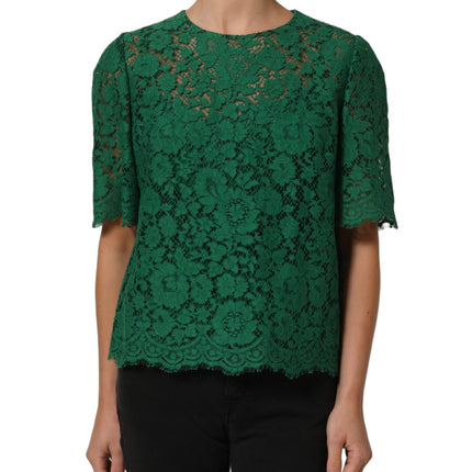 Dolce & Gabbana Green Floral Lace Round Neck Blouse Top