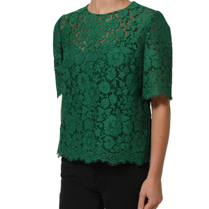 Dolce & Gabbana Green Floral Lace Round Neck Blouse Top