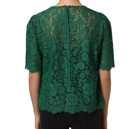 Dolce & Gabbana Green Floral Lace Round Neck Blouse Top