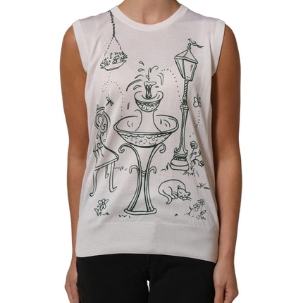 Dolce & Gabbana White Silk Knit Garden Fountain Print Tank Top