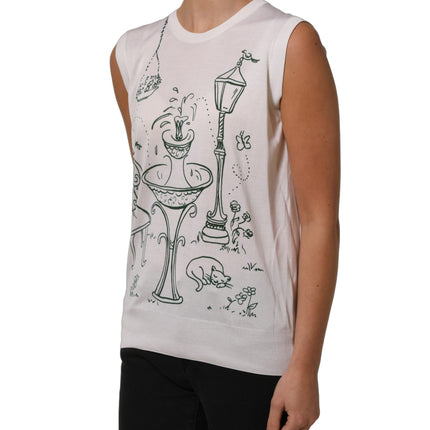 Dolce & Gabbana White Silk Knit Garden Fountain Print Tank Top