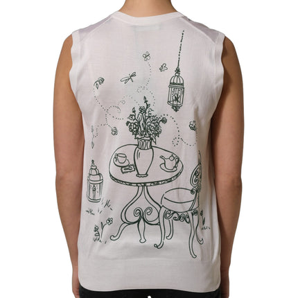 Dolce & Gabbana White Silk Knit Garden Fountain Print Tank Top