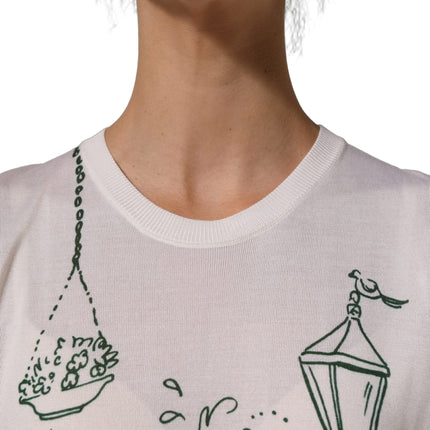Dolce & Gabbana White Silk Knit Garden Fountain Print Tank Top