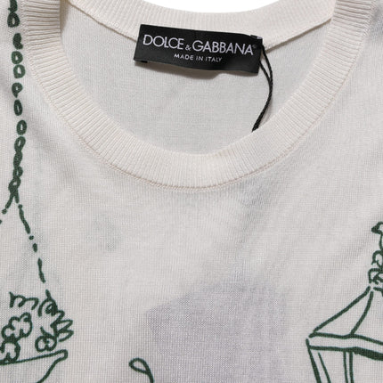 Dolce & Gabbana White Silk Knit Garden Fountain Print Tank Top
