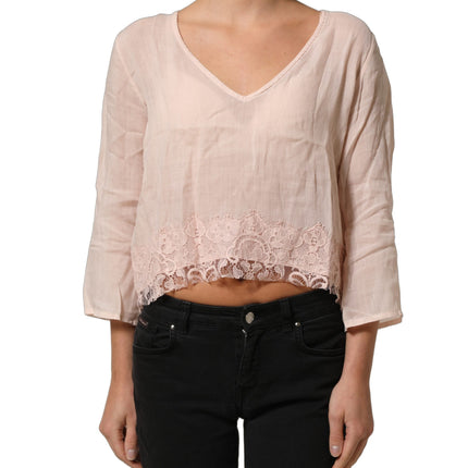 PINK MEMORIES Light Pink Linen V-Neck Long Sleeves Blouse Top