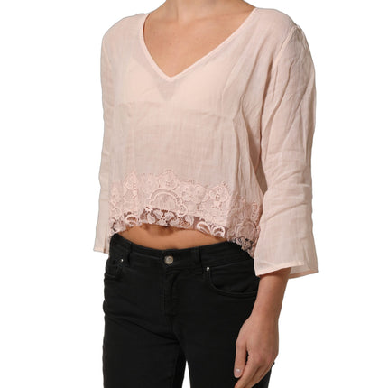 PINK MEMORIES Light Pink Linen V-Neck Long Sleeves Blouse Top