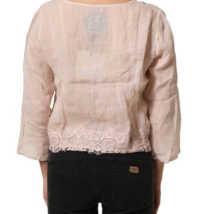 PINK MEMORIES Light Pink Linen V-Neck Long Sleeves Blouse Top