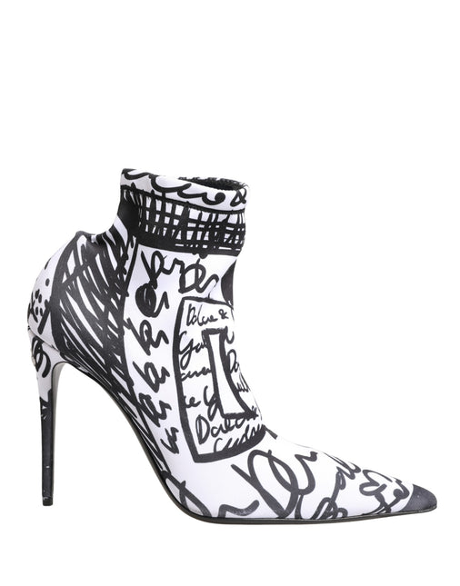 Dolce & Gabbana White Graffiti Stretch Ankle Boots Shoes