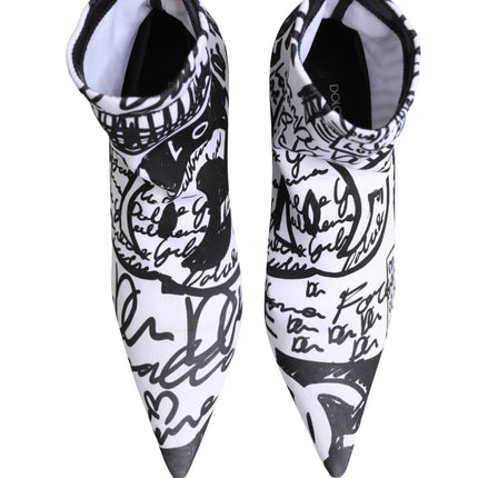 Dolce & Gabbana White Graffiti Stretch Ankle Boots Shoes