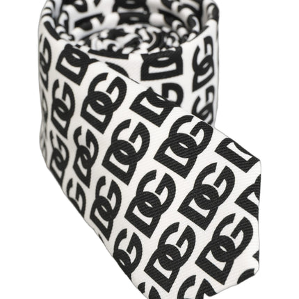 Dolce & Gabbana White Black Logo Monogram Wide Adjustable Men Necktie Tie