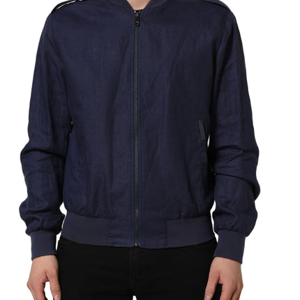 Dolce & Gabbana Blue Linen Full Zip Men Bomber Jacket