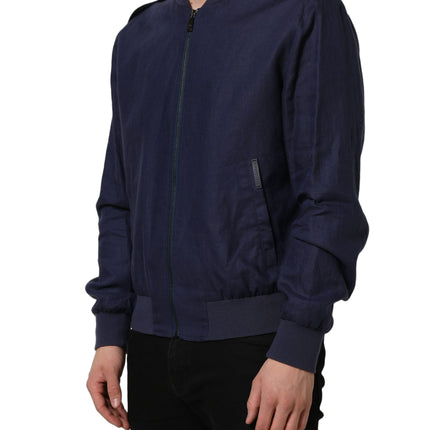Dolce & Gabbana Blue Linen Full Zip Men Bomber Jacket