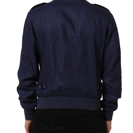 Dolce & Gabbana Blue Linen Full Zip Men Bomber Jacket