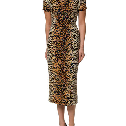 Dolce & Gabbana Brown Leopard Print Silk Sheath Midi Dress