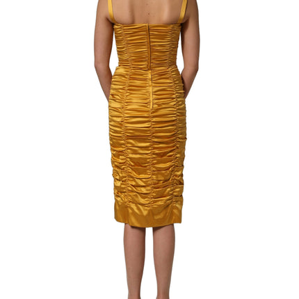 Dolce & Gabbana Gold Silk Ruched Bodycon Sheath Midi Dress