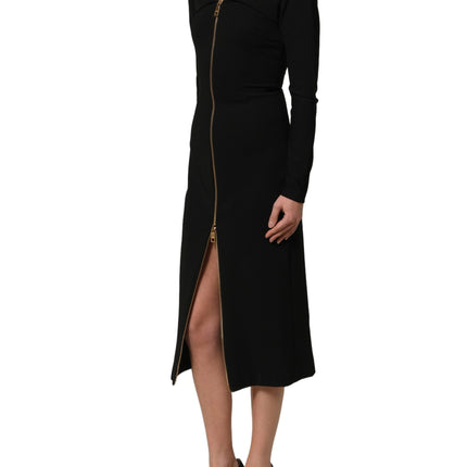 Dolce & Gabbana Black Long Sleeves Front Zipper Midi Dress