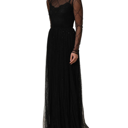 Dolce & Gabbana Black Mesh Lace Long Sleeved Maxi Gown Dress