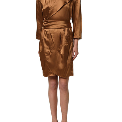 Emporio Armani Brown Satin Acetate Wrap Sheath Mini Belted Dress