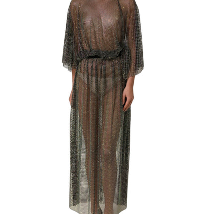 Dolce & Gabbana Black Rhinestone Mesh Turtleneck Maxi Dress