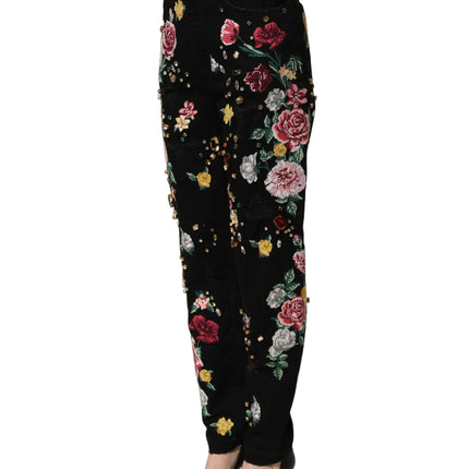 Dolce & Gabbana Black Floral Cotton High Waist Tapered Pants