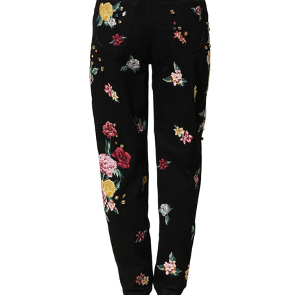 Dolce & Gabbana Black Floral Cotton High Waist Tapered Pants