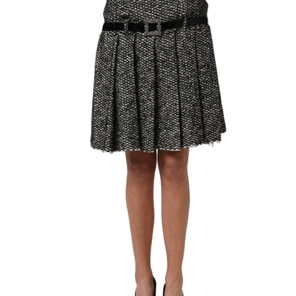 Dolce & Gabbana Black White Tweed High Waist Pleated Skirt Dolce & Gabbana
