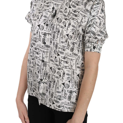 Dolce & Gabbana Trumpet Print Button Front Silk Top Blouse