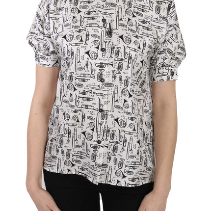 Dolce & Gabbana Trumpet Print Button Front Silk Top Blouse
