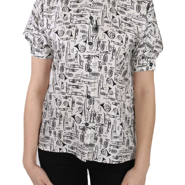 Dolce & Gabbana Trumpet Print Button Front Silk Top Blouse